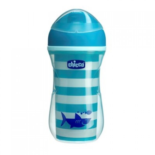 Hrnček Chicco Activ termo s tvrdým náustkom 266 ml, modrý, prúžky 14m+