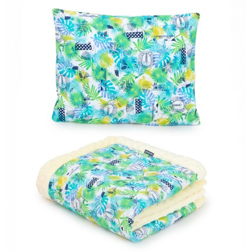 PREMIUM Obojstranná súprava do kočíka MINKIE - Detská prikrývka s vankúšom - tropic / béžová