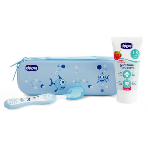 CHICCO Set zubná kefka a pasta s fluórom v puzdre Always Smiling modrá 12m+ CHICCO Set zubná kefka a pasta s fluórom v puzdre Always Smiling modrá 12m+