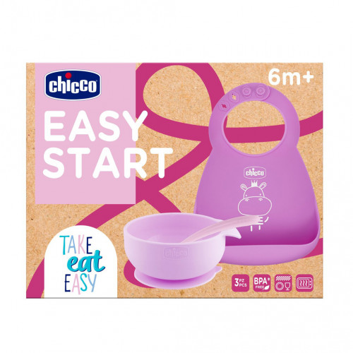 CHICCO Set jedálenský silikónový - pink, 6m+ CHICCO Set jedálenský silikónový - pink, 6m+