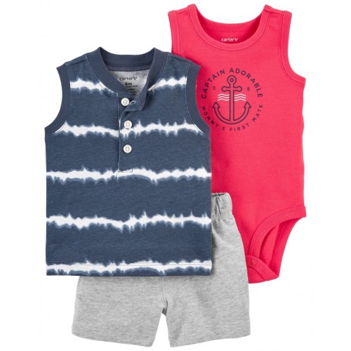 CARTER'S Set 3dielny body tielko, tričko bez rukávov, nohavice kr. Blue Tie chlapec NB, veľ. 56