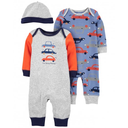 CARTER'S Set 3dielny overal na cvoky bez nožičiek 2ks, čiapka Cars chlapec LBB NB, veľ. 56
