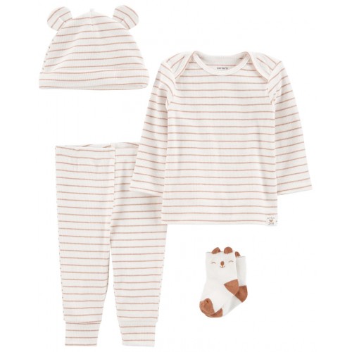 CARTER'S Set 4dielny tričko dl. rukáv, tepláky, čiapka, ponožky Brown Stripes neutrál 12m