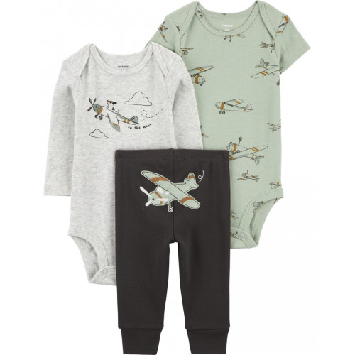 CARTER'S Set 3dielny body dl. rukáv, body kr. rukáv, tepláky Olive Airplane chlapec 24m/ veľ. 92