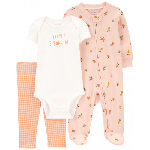 CARTER'S Set 3dielny overal, body kr. rukáv, legíny Pink Fruit/Floral dievča NB/ veľ. 56
