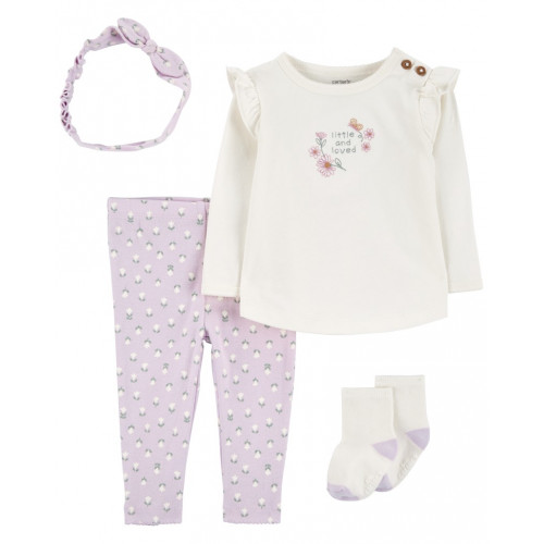 CARTER'S Set 4dielny tričko dl. rukáv, legíny, čelenka, ponožky Ivory/Purple Floral dievča MFL 9m/ v