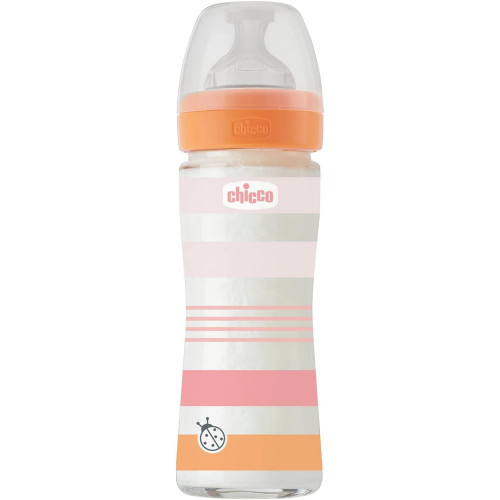 CHICCO Fľaša dojčenská sklo Well-being silikón 240ml dievča CHICCO Fľaša dojčenská sklo Well-being silikón 240ml dievča