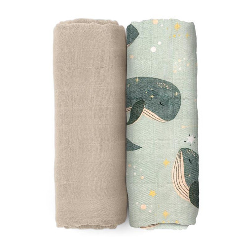 PETITE&MARS Prikrývka bambusová mušelínová 2ks Misty Whale Song 120 x 120 cm