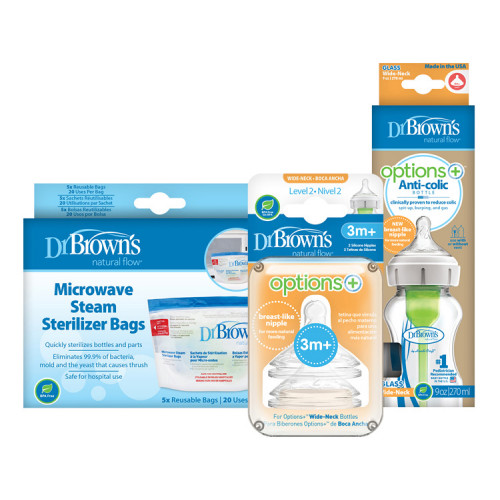 DR.BROWN’S Fľaša dojčenská sklo 270ml+Cumlíky na fľašu level-2 2ks+Vrecká na sterilizáciu fliaš 5ks DR.BROWN’S Fľaša dojčenská sklo 270ml+Cumlíky na fľašu level-2 2ks+Vrecká na sterilizáciu fliaš 5ks