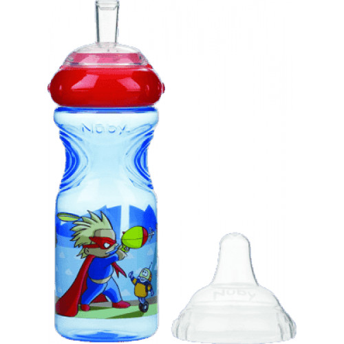 NUBY Netečúca fľaša so silikónovým náustkom 300 ml, 9 m +, modrá s červeným viečkom – superhrdina NUBY Netečúca fľaša so silikónovým náustkom 300 ml, 9 m +, modrá s červeným viečkom – superhrdina