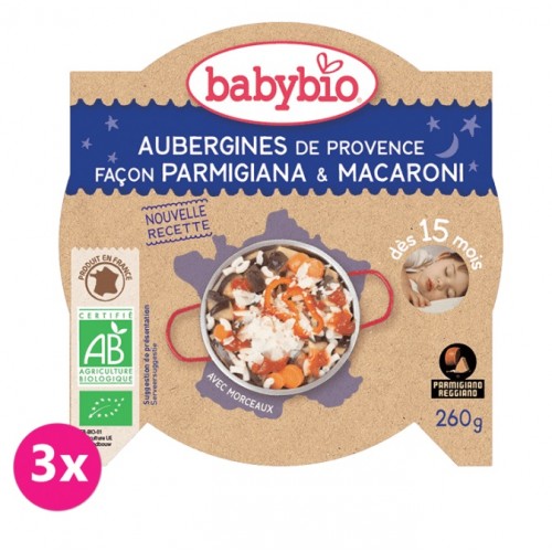 3x BABYBIO Večerné menu baklažán na spôsob parmigiana s makarónmi (260 g)
