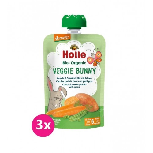 3x HOLLE Veggie Bunny Bio pyré mrkva, sladké zemiaky a hrášok, 100 g (6 m+)