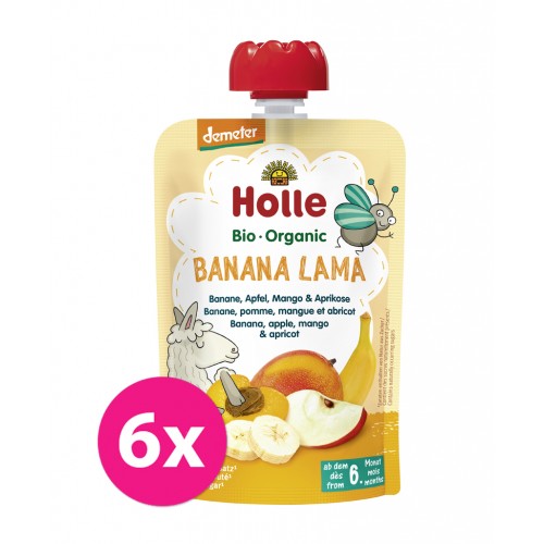 6x HOLLE Banana Lama Bio ovocné pyré banán, jablko, mango, marhuľa, 100 g (6 m+)
