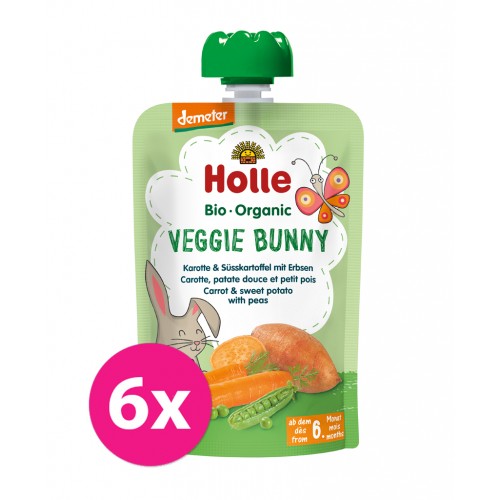 6x HOLLE Veggie Bunny Bio pyré mrkva, sladké zemiaky a hrášok, 100 g (6 m+)