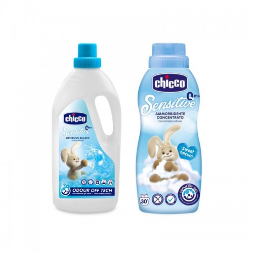 CHICCO Prostriedok prací detský Sensitive 1,5 l + Aviváž konc. Sladký Púder 750 ml CHICCO Prostriedok prací detský Sensitive 1,5 l + Aviváž konc. Sladký Púder 750 ml