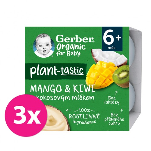 3x GERBER Organic 100% Dezert rastlinný mango a kiwi s kokosovým mliekom 4 x 90 g​